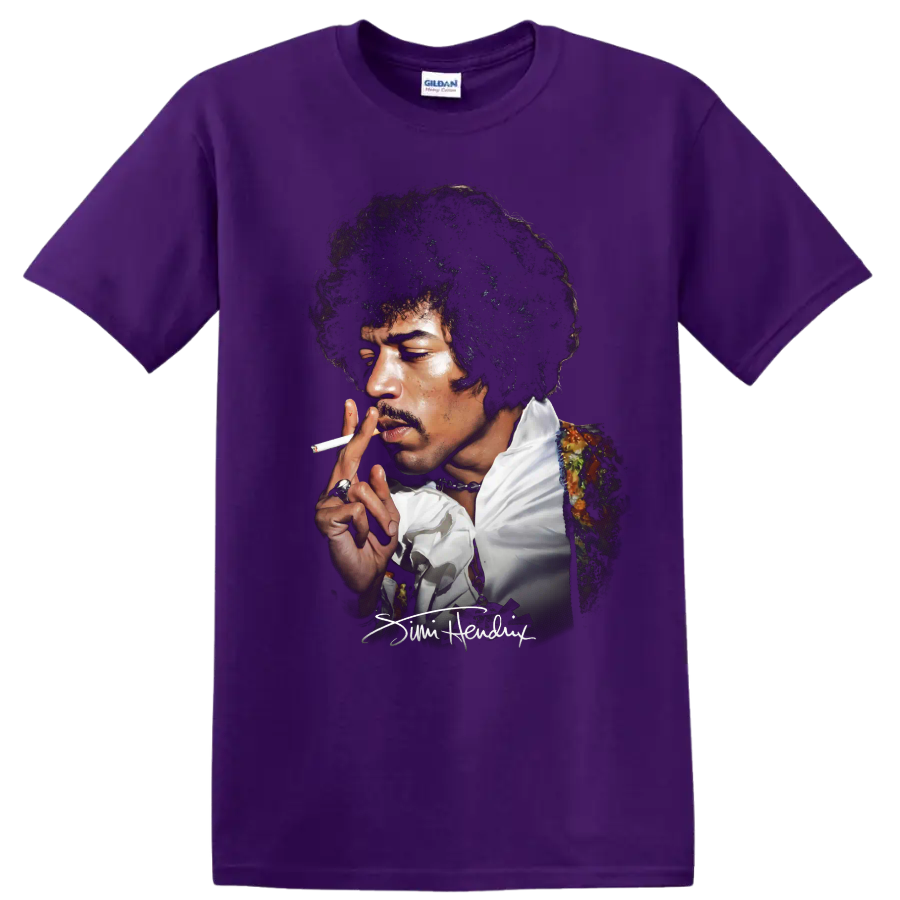 Jimi Hendrix psychedelic rock portrait with signature on a Purple T Shirt