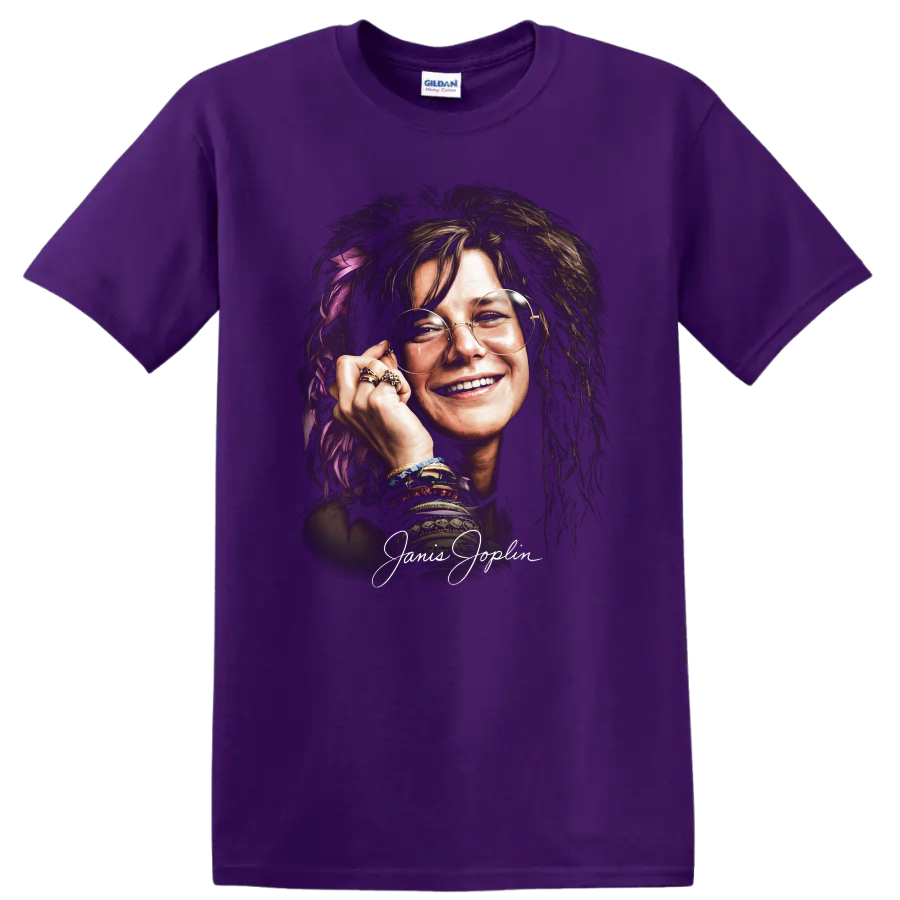 Janis Joplin psychedelic soul portrait graphic print on a Purple T Shirt
