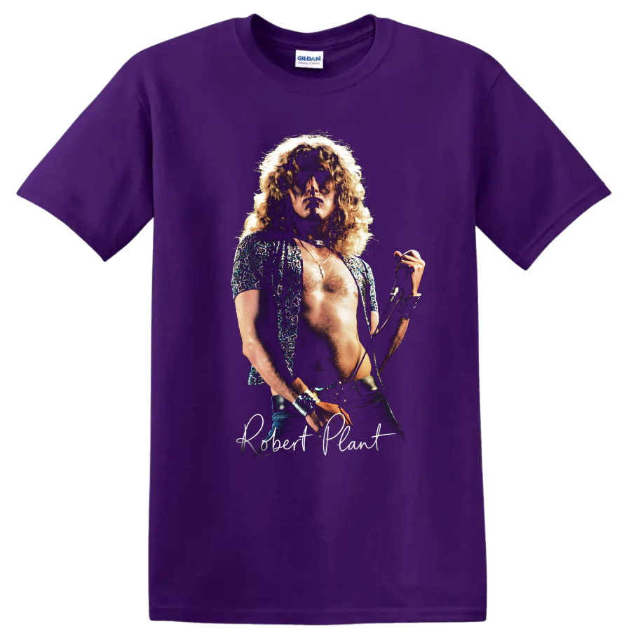 Robert Plant Led Zeppelin vintage rock singer portrait on a Purple T Shirt