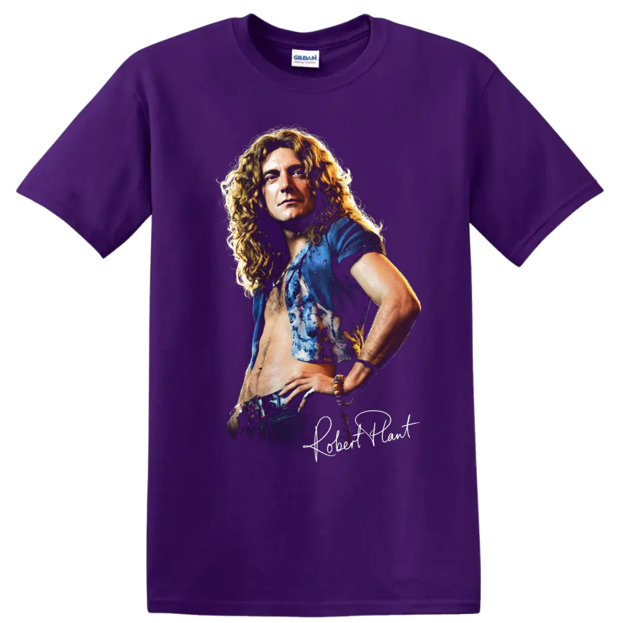 Robert Plant Led Zeppelin rock music portrait graphic print on a Purple T Shirt