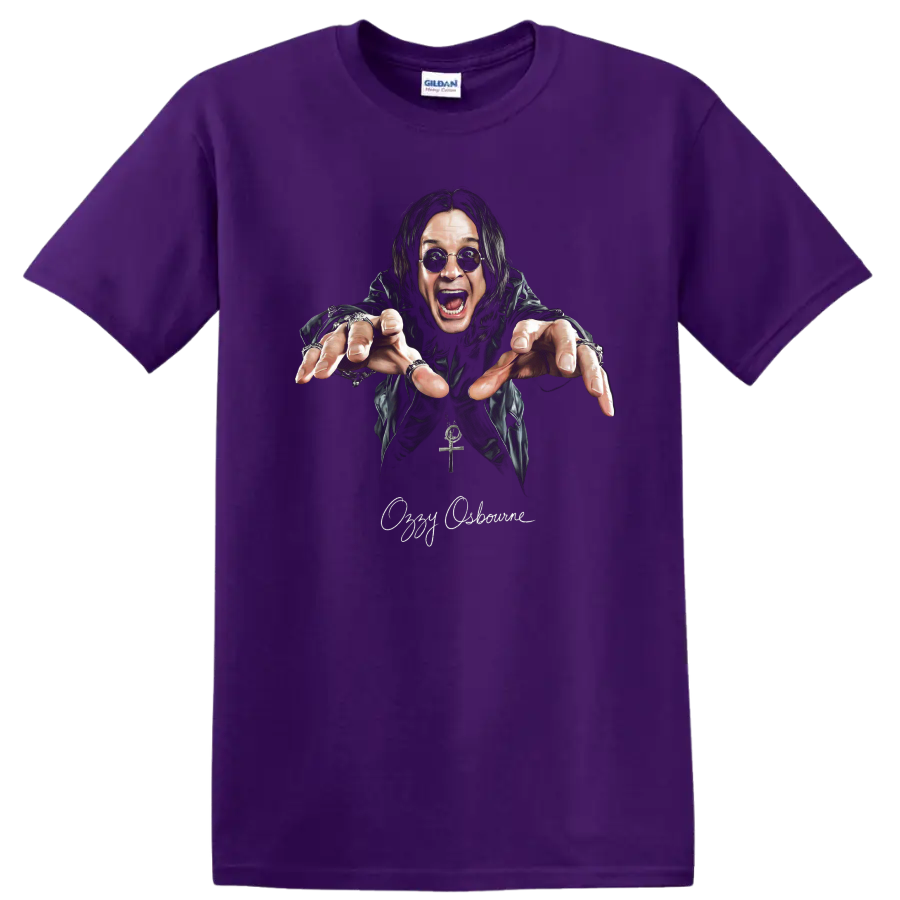 Ozzy Osbourne heavy metal portrait graphic with dramatic reaching pose on a Purple T Shirt