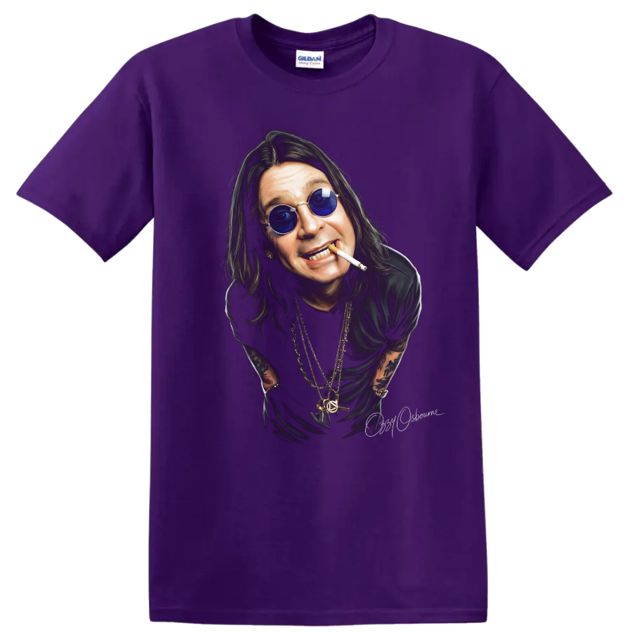 Ozzy Osbourne Black Sabbath heavy metal portrait graphic with blue glasses on a Purple T Shirt
