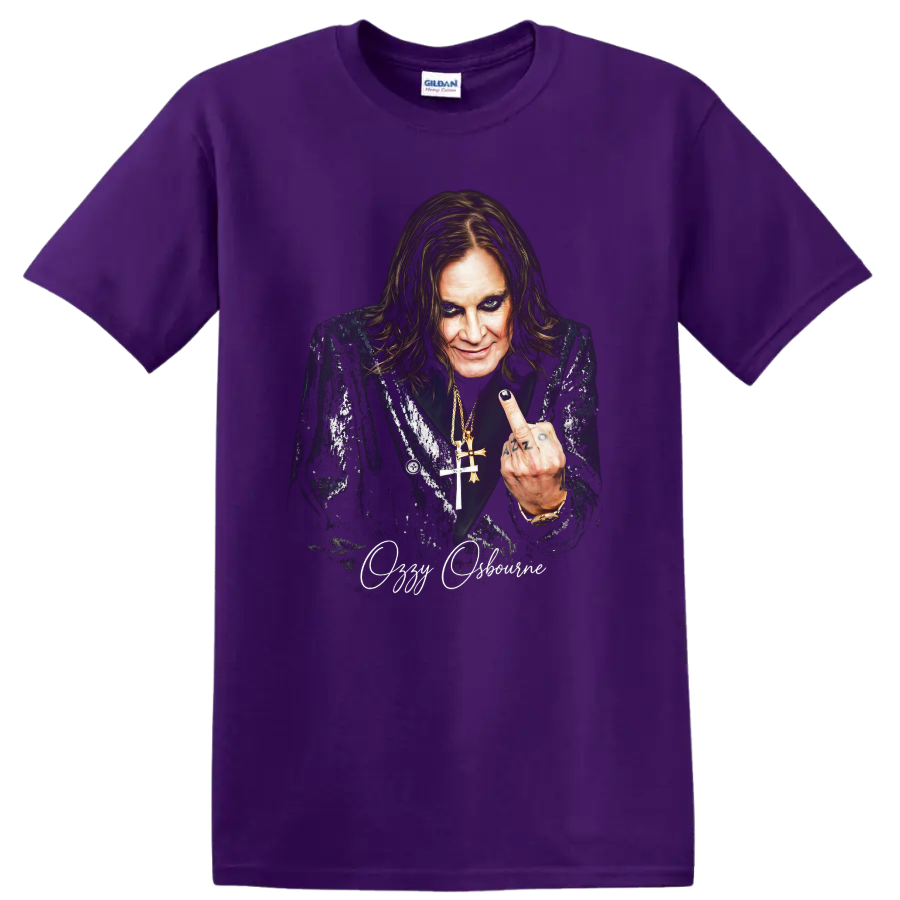 Ozzy Osbourne portrait in a dark heavy metal graphic with script text on a Purple T Shirt