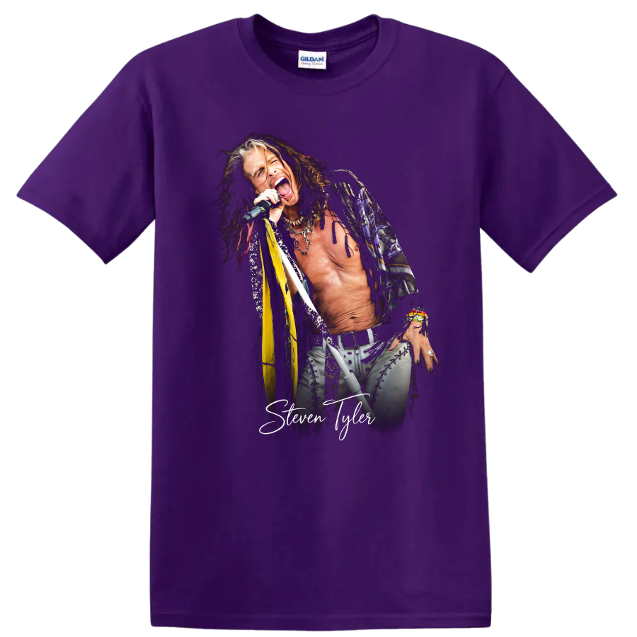 Steven Tyler Aerosmith rock singer portrait with signature graphic on a Purple T Shirt