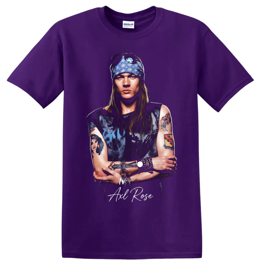 Axl Rose Guns N' Roses pop-art portrait with blue bandana on a Purple T Shirt