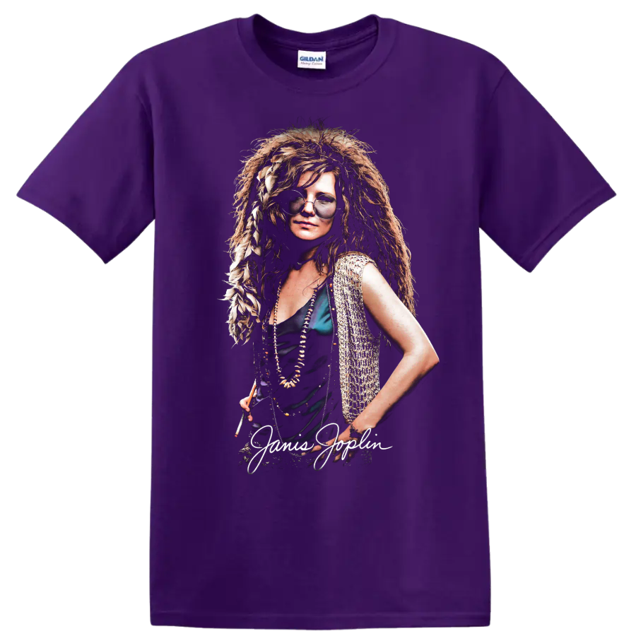 Janis Joplin pop-art rock portrait with handwritten name on a Purple T Shirt