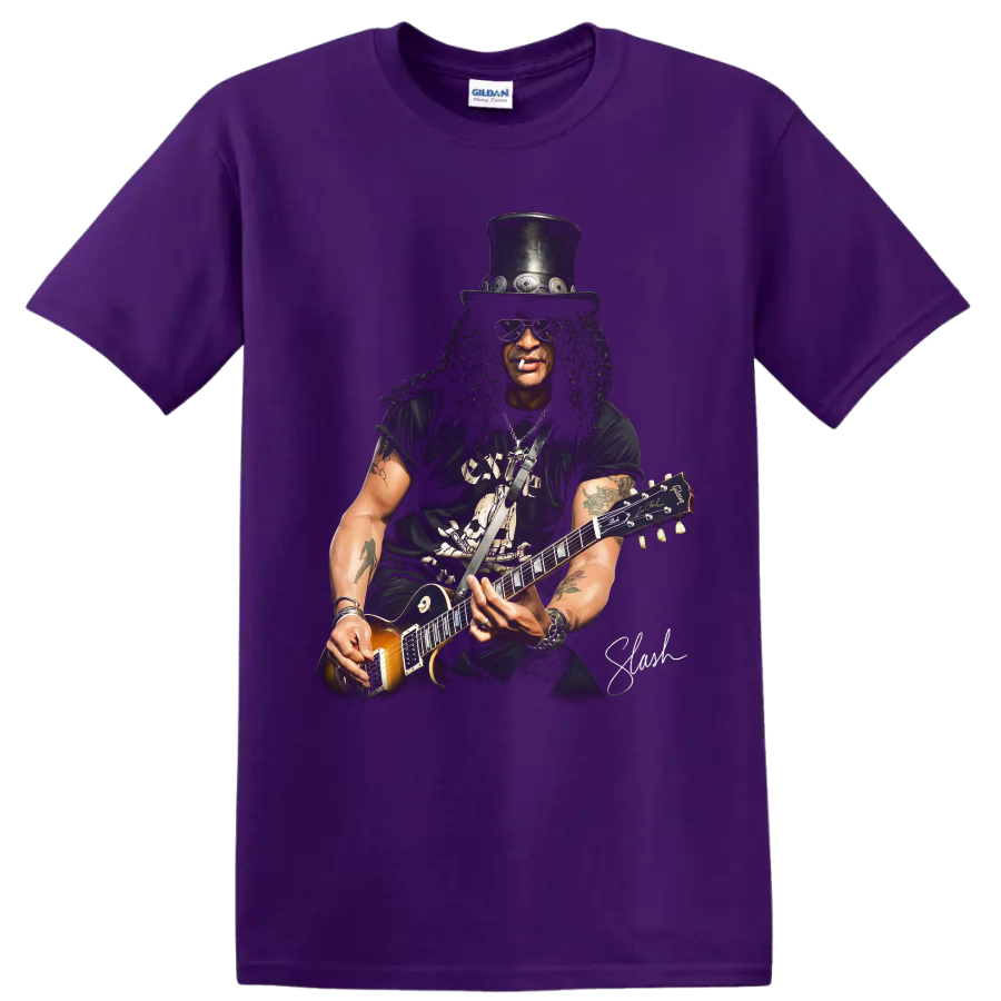 Slash Guns N' Roses guitarist portrait with top hat and electric guitar on a Purple T Shirt