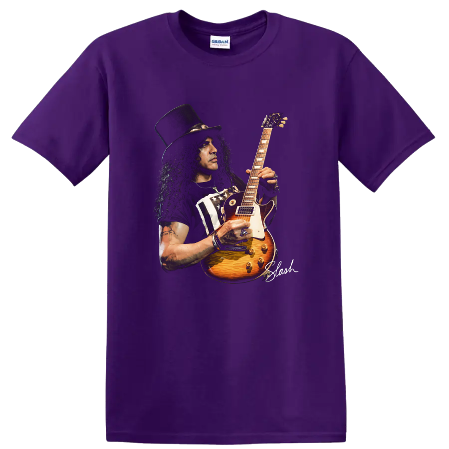 Slash portrait playing a sunburst Gibson Les Paul-style electric guitar on a Purple T Shirt