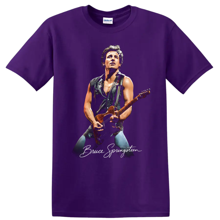 Bruce Springsteen pop-art guitar portrait on a Purple T Shirt