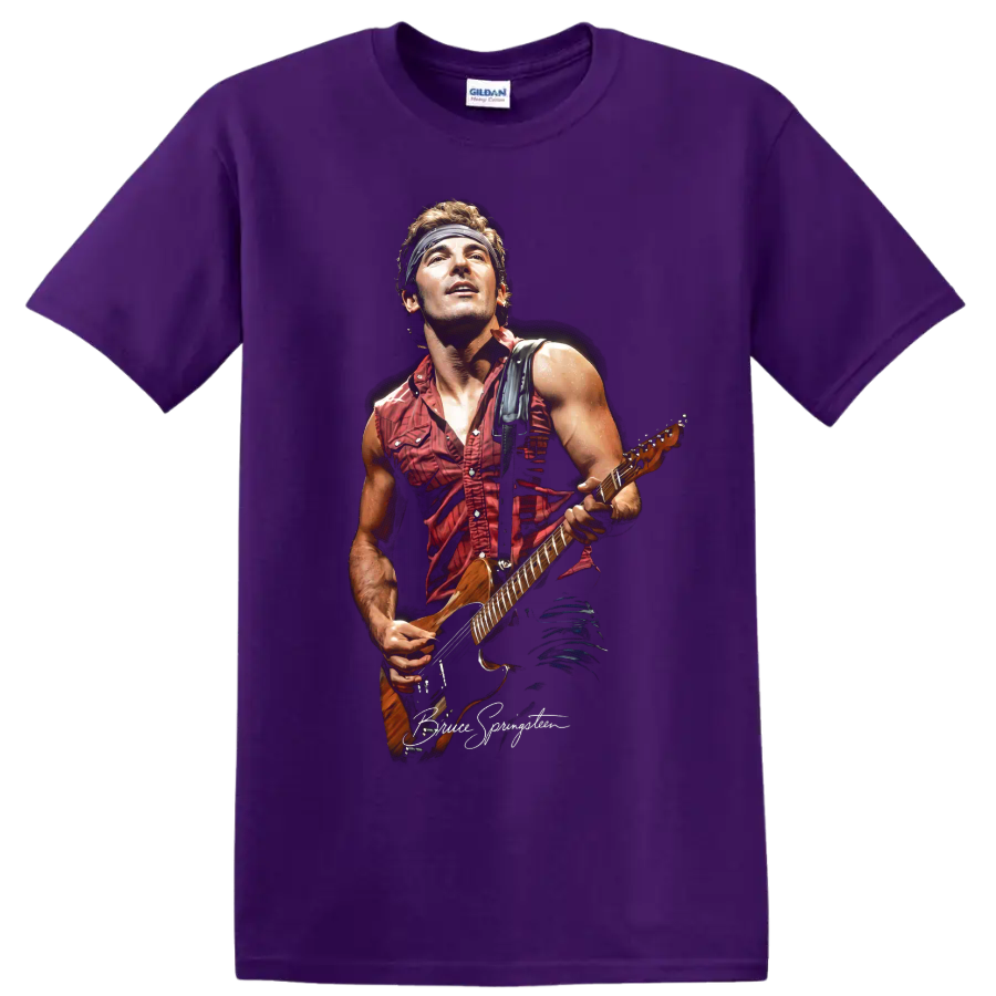 Bruce Springsteen pop-art portrait performing with an electric guitar on a Purple T Shirt