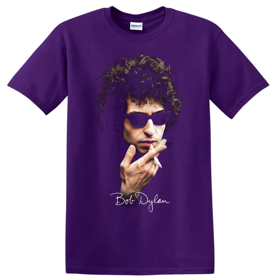 Stylized Bob Dylan portrait with sunglasses and signature on a Purple T Shirt