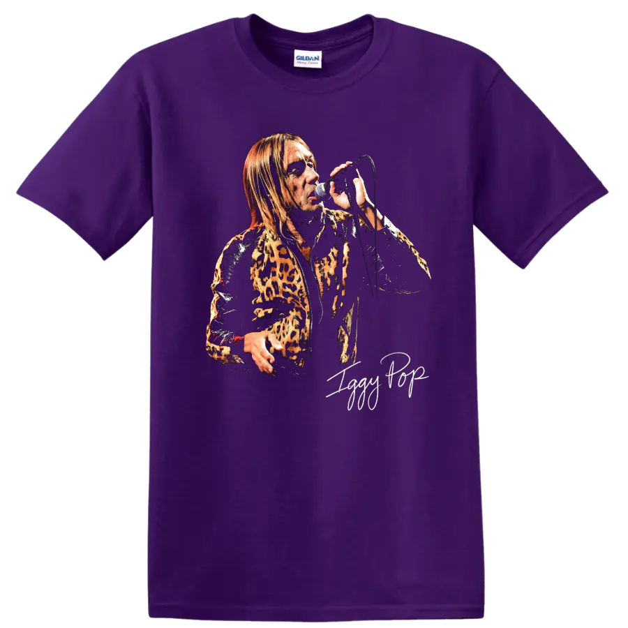 Iggy Pop punk rock portrait performing with a microphone and leopard print jacket on a Purple T Shirt