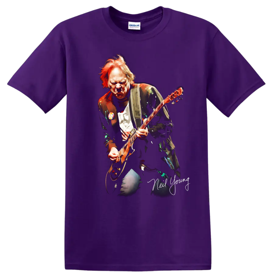 Neil Young playing Old Black Les Paul in a dramatic rock graphic on a Purple T Shirt