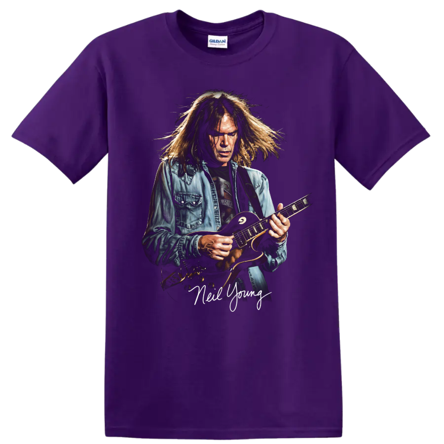 Neil Young vintage-style rock guitar portrait with handwritten name on a Purple T Shirt