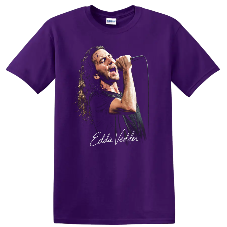 Eddie Vedder singing into a microphone in a distressed grunge portrait on a Purple T Shirt