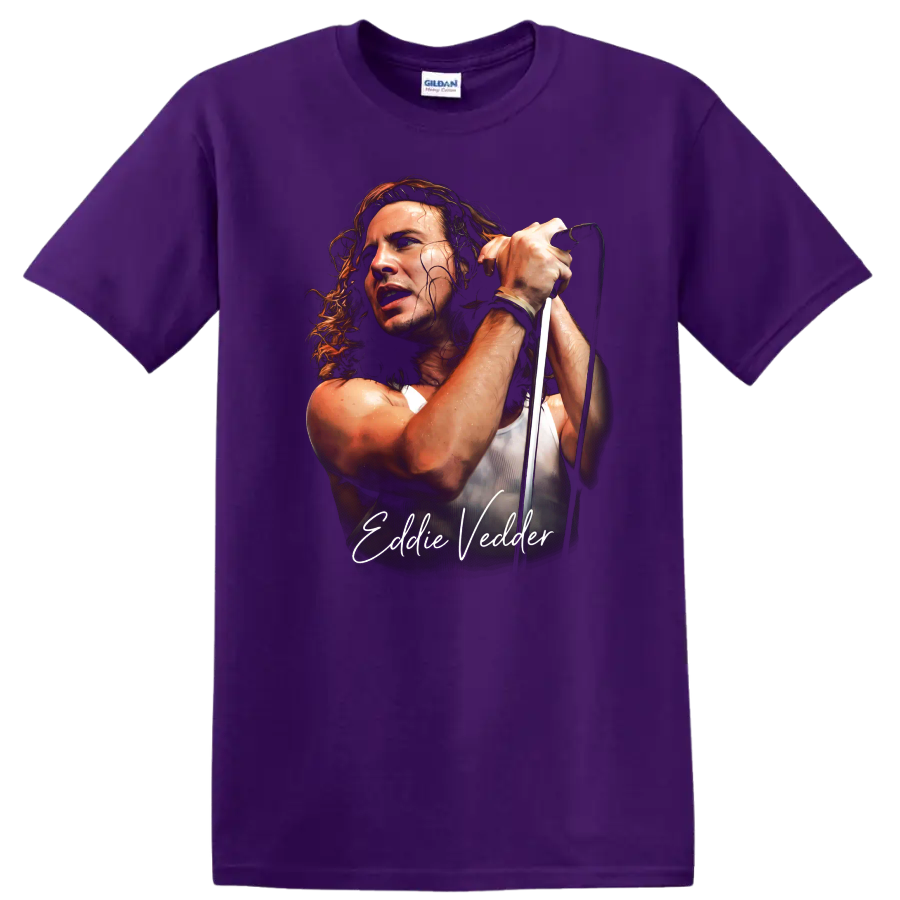 Eddie Vedder Pearl Jam grunge portrait with microphone and script text on a Purple T Shirt