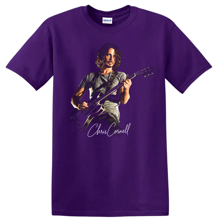 Chris Cornell playing guitar in a dramatic rock portrait with signature on a Purple T Shirt
