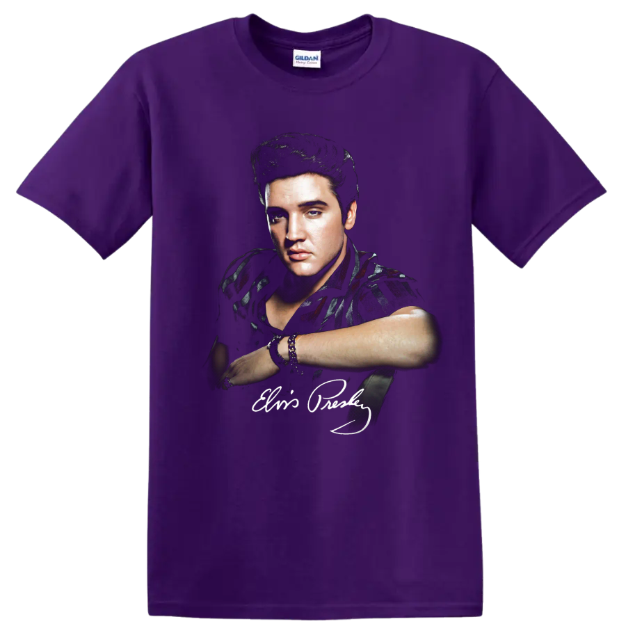 Elvis Presley rock and roll portrait with signature graphic on a Purple T Shirt