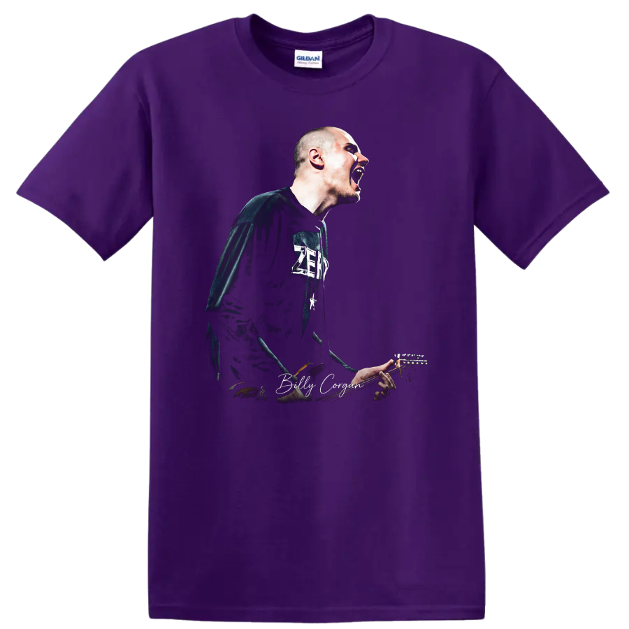 Billy Corgan performing with guitar in a bold alternative rock graphic on a Purple T Shirt