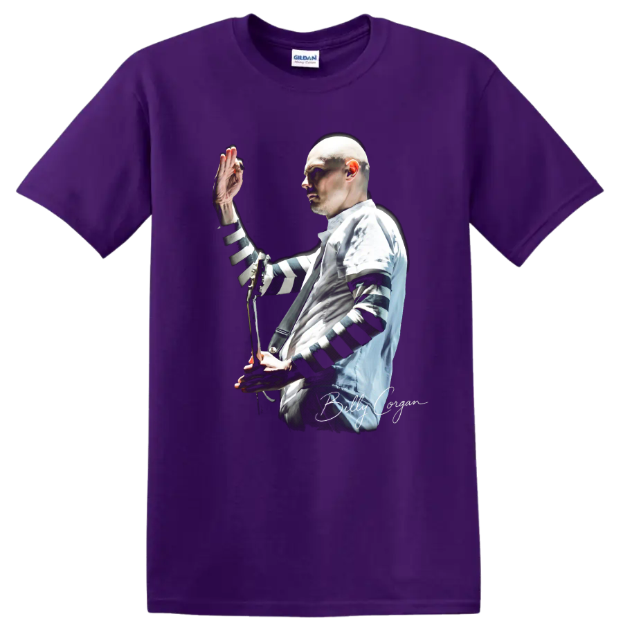 Billy Corgan performing with guitar, high-contrast alternative rock portrait on a Purple T Shirt