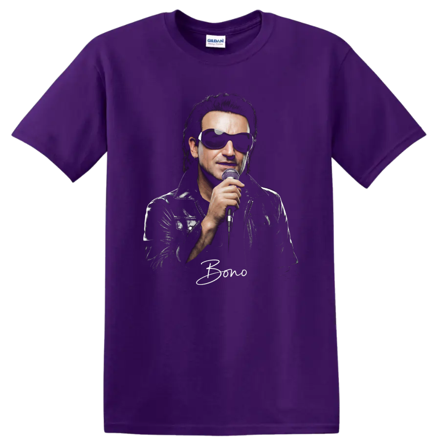 Bono of U2 holding a microphone in a high-contrast rock portrait on a Purple T Shirt