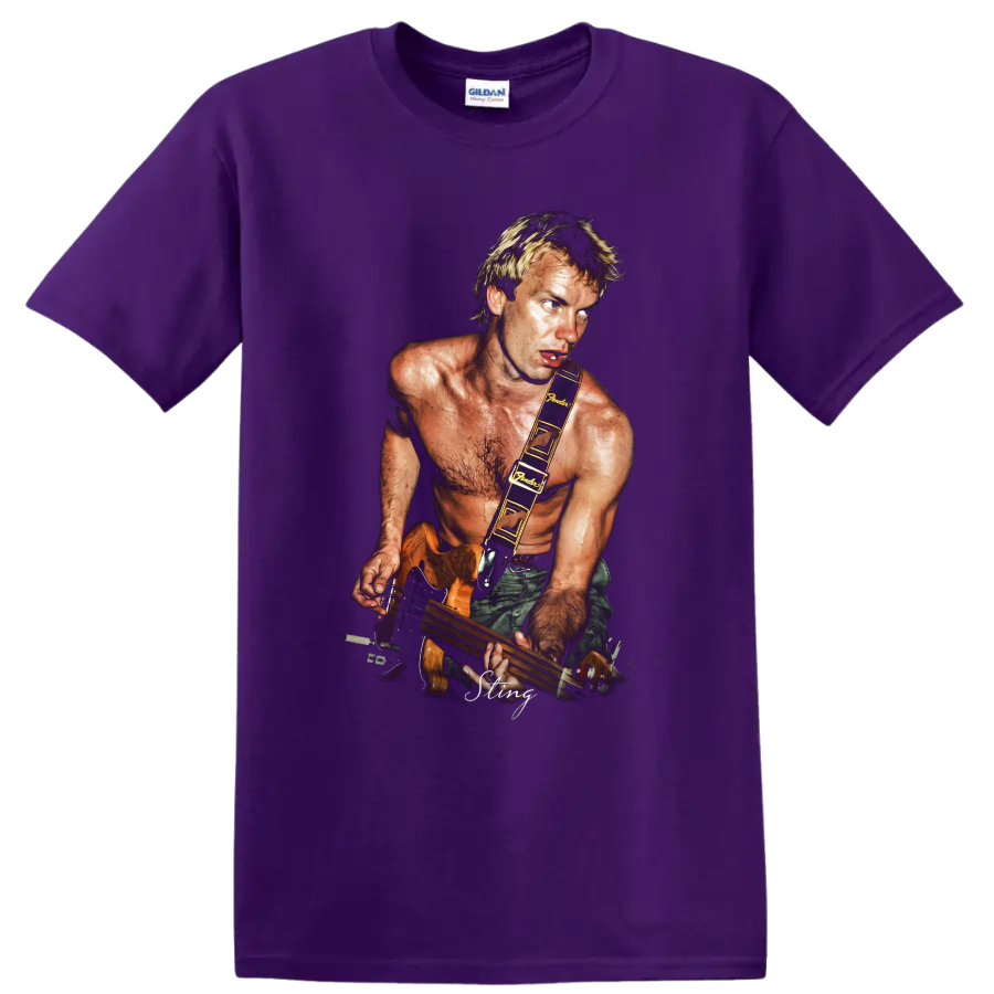 Sting playing a bass guitar in a dramatic rock music portrait on a Purple T Shirt