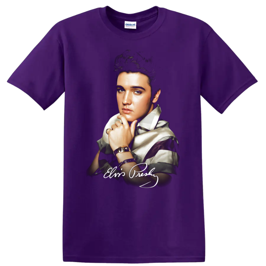 Elvis Presley pop art portrait with vintage rock and roll style on a Purple T Shirt