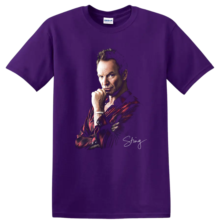 Sting portrait in red plaid shirt with signature-style graphic on a Purple T Shirt
