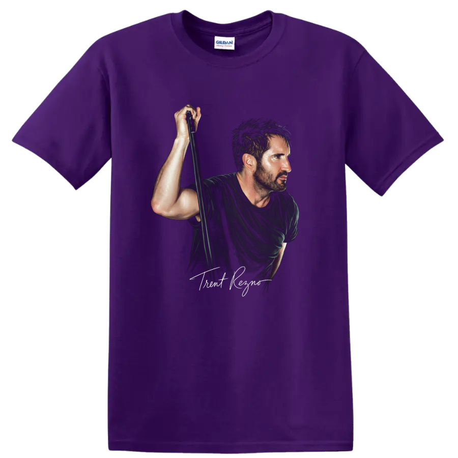 Trent Reznor Nine Inch Nails industrial rock portrait graphic print on a Purple T Shirt
