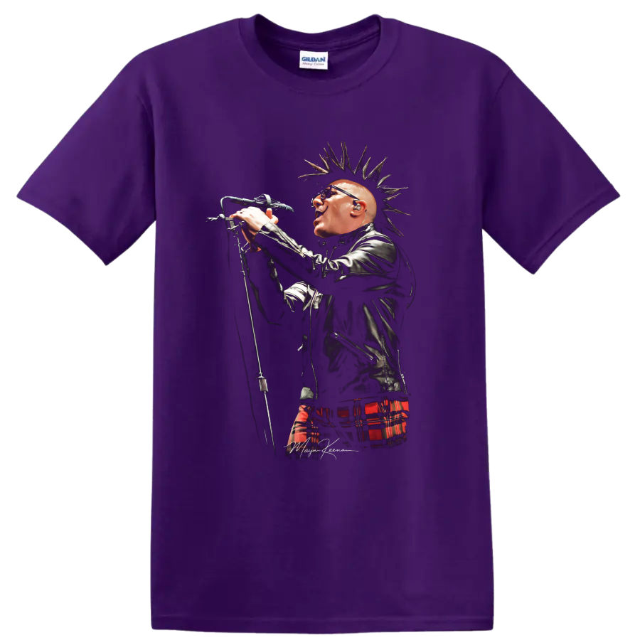 Maynard James Keenan singer portrait with spiked hair and red plaid on a Purple T Shirt