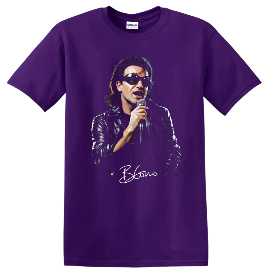 Bono U2 portrait graphic print with microphone, sunglasses, and leather jacket on a Purple T Shirt