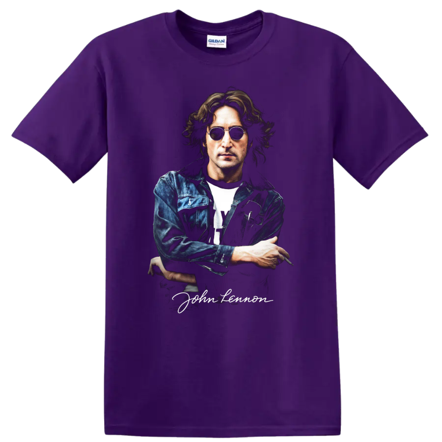 John Lennon portrait graphic with sunglasses and denim jacket on a Purple T Shirt