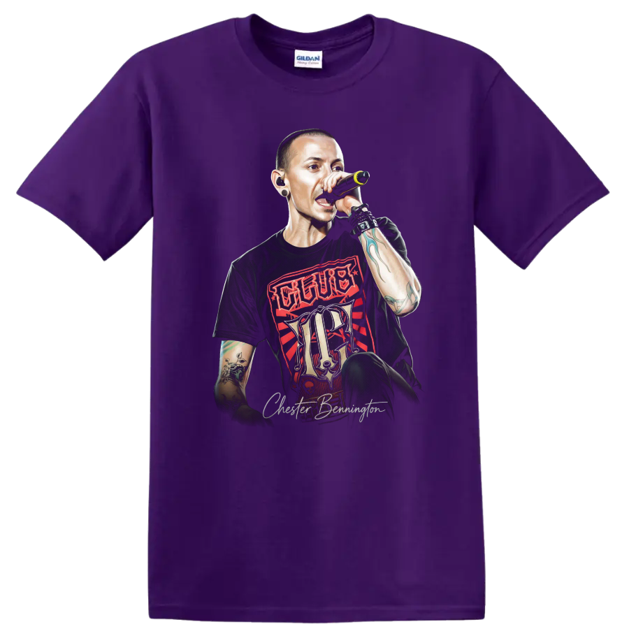 Chester Bennington performing with microphone in bold red and black rock art on a Purple T Shirt