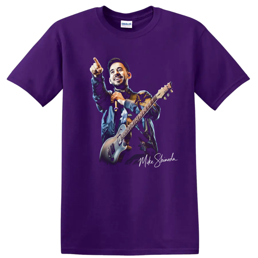 Mike Shinoda playing guitar and pointing in a dynamic concert portrait on a Purple T Shirt