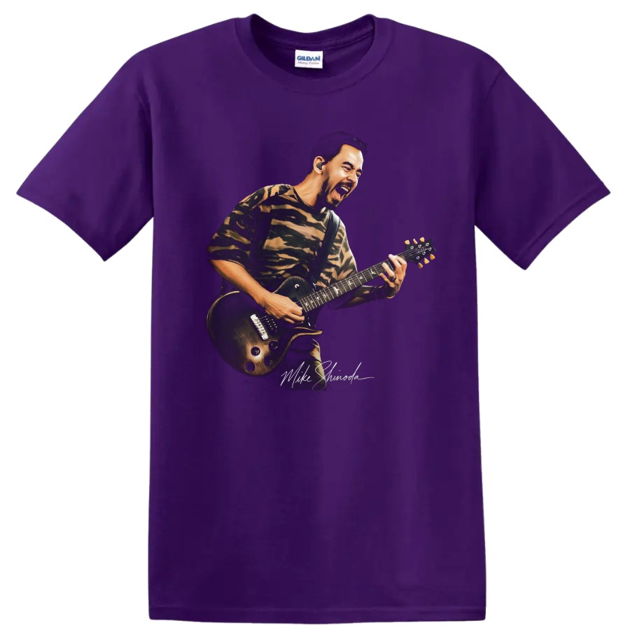 Mike Shinoda playing guitar rock music graphic on a Purple T Shirt