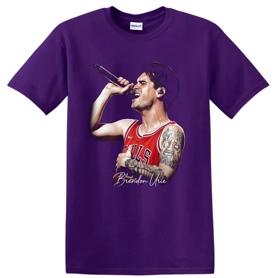 Brendon Urie singing into a microphone in a Bulls jersey graphic on a Purple T Shirt