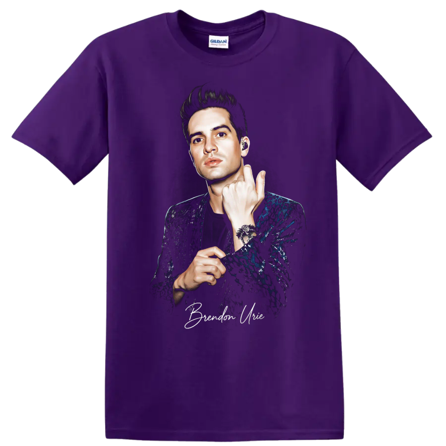 Brendon Urie portrait graphic print in a dramatic performance pose on a Purple T Shirt