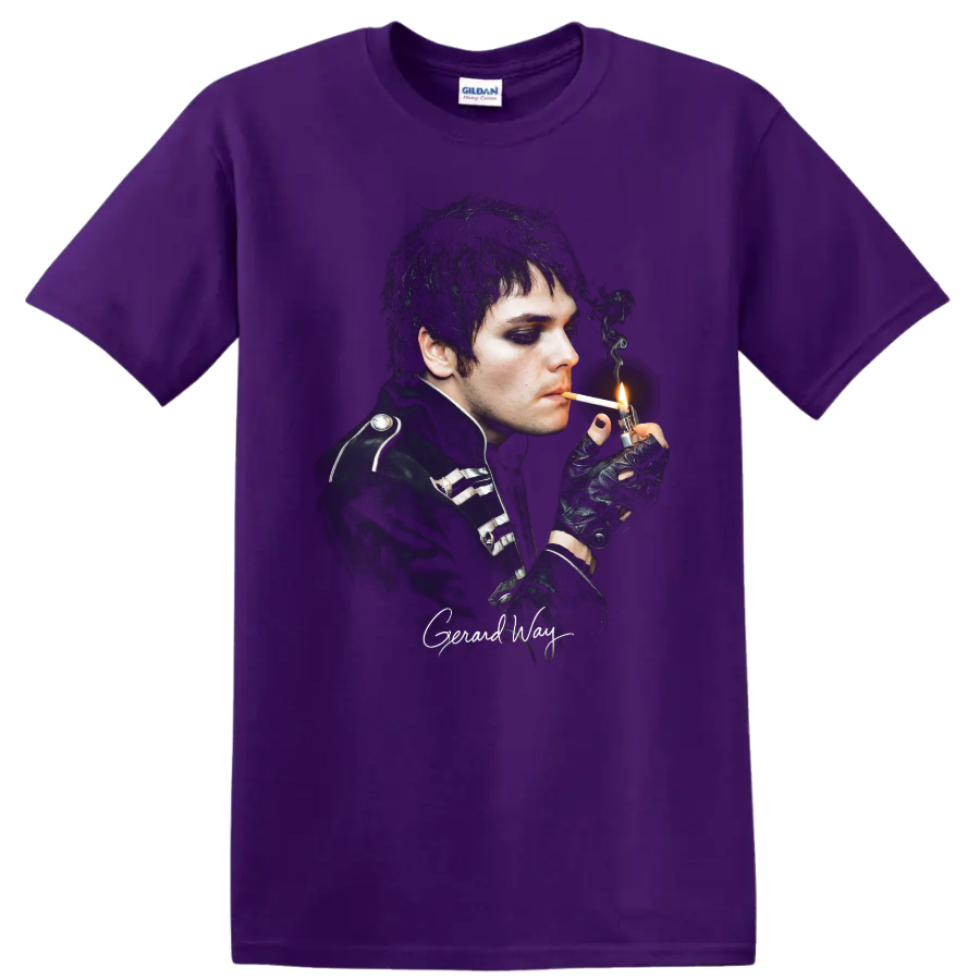 Gerard Way gothic My Chemical Romance portrait with smoky lighting on a Purple T Shirt