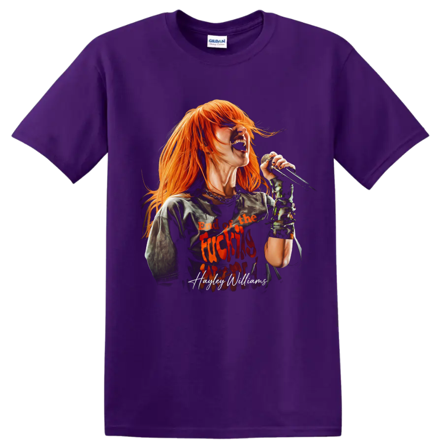 Hayley Williams singing into a microphone in bold rock fan art on a Purple T Shirt