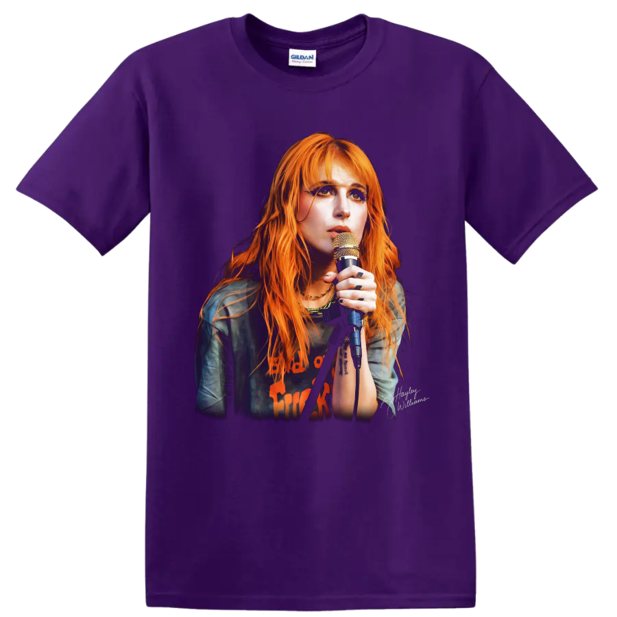 Hayley Williams Paramore rock music poster portrait with microphone on a Purple T Shirt