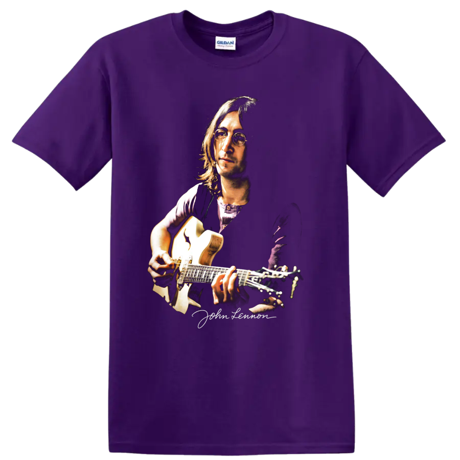 John Lennon portrait playing acoustic guitar, moody music artwork on a Purple T Shirt