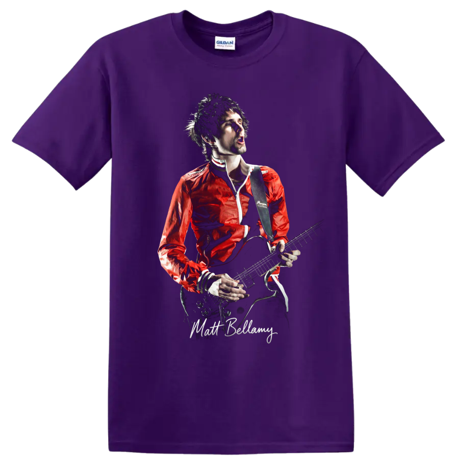 Matt Bellamy of Muse playing electric guitar in bold rock performance artwork on a Purple T Shirt