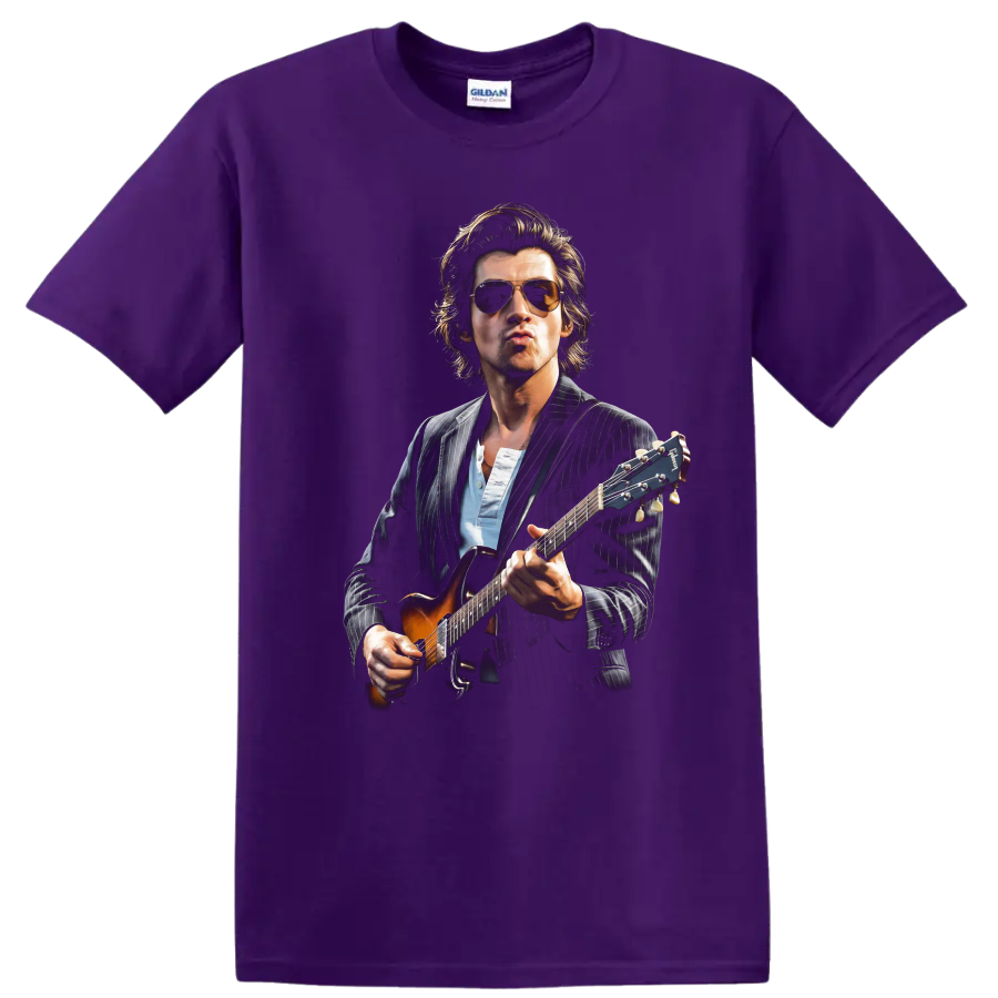 Alex Turner of Arctic Monkeys playing guitar in a realistic portrait on a Purple T Shirt
