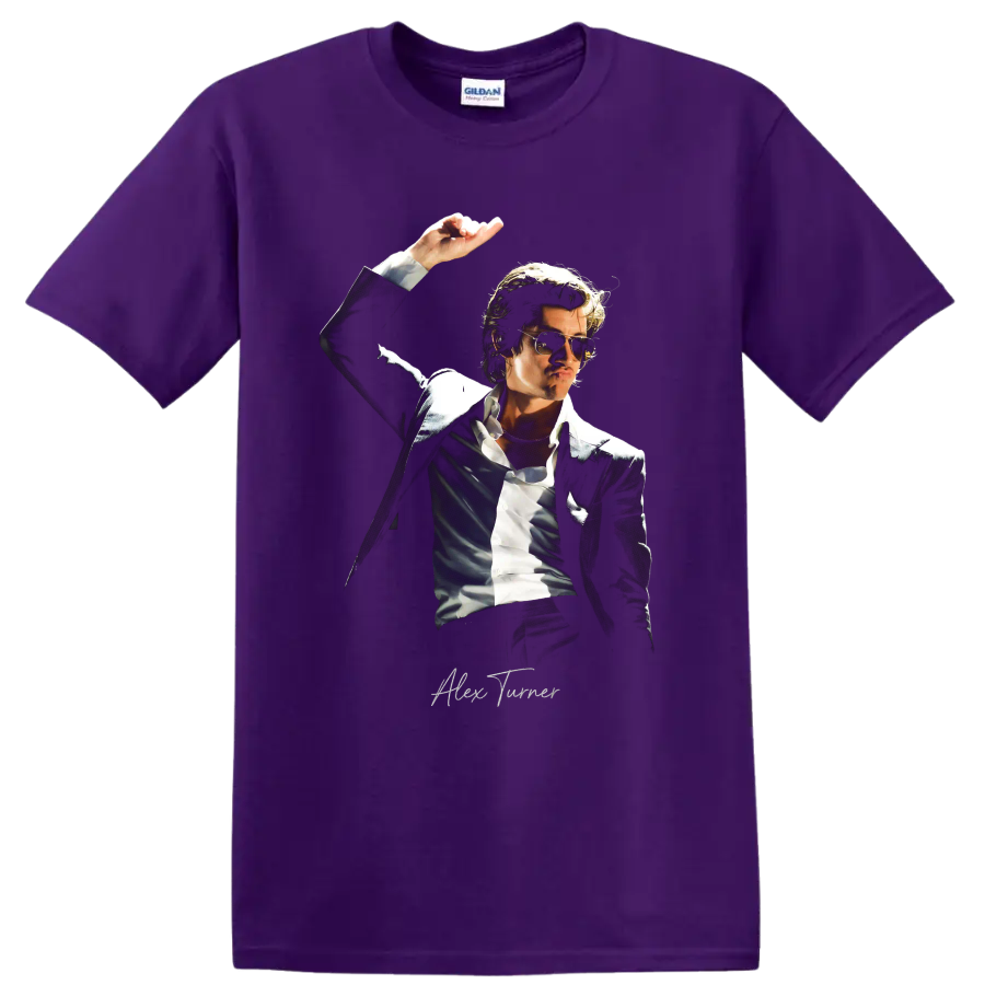 Alex Turner Arctic Monkeys sunglasses portrait graphic print on a Purple T Shirt