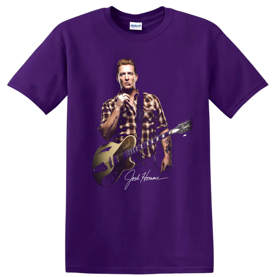 Josh Homme guitar portrait graphic with Queens of the Stone Age rock style on a Purple T Shirt