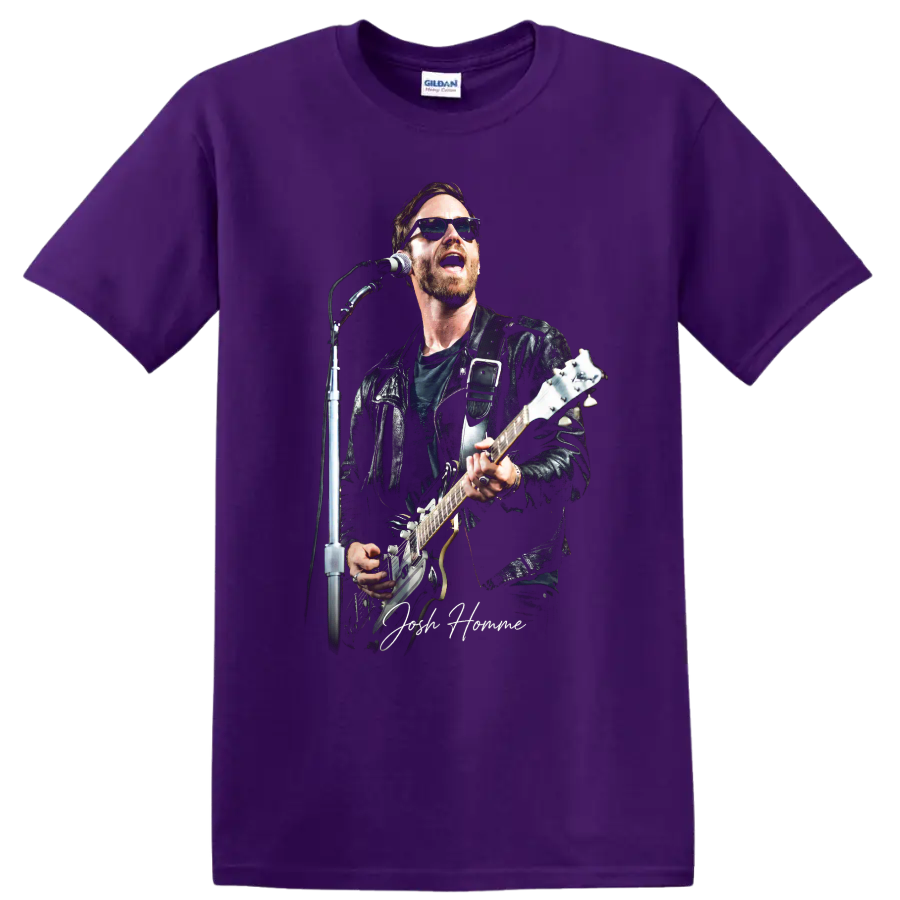 Josh Homme performing with guitar in a dark illustrated rock portrait on a Purple T Shirt