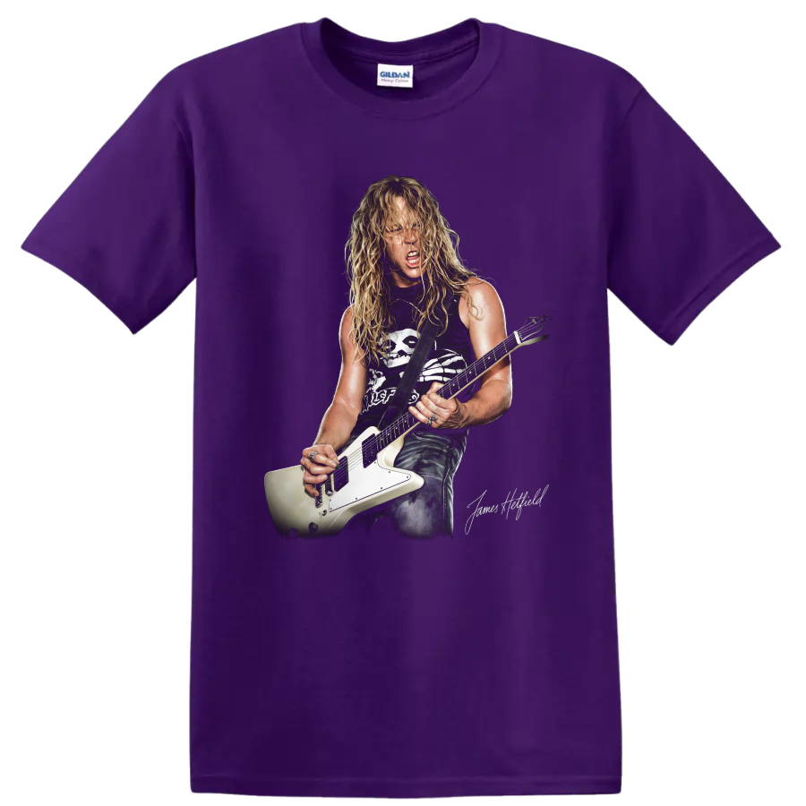 James Hetfield of Metallica playing a white Explorer guitar, heavy metal artwork on a Purple T Shirt