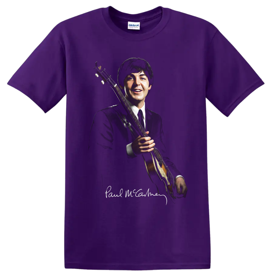 Paul McCartney holding a Höfner bass guitar in a classic rock portrait on a Purple T Shirt
