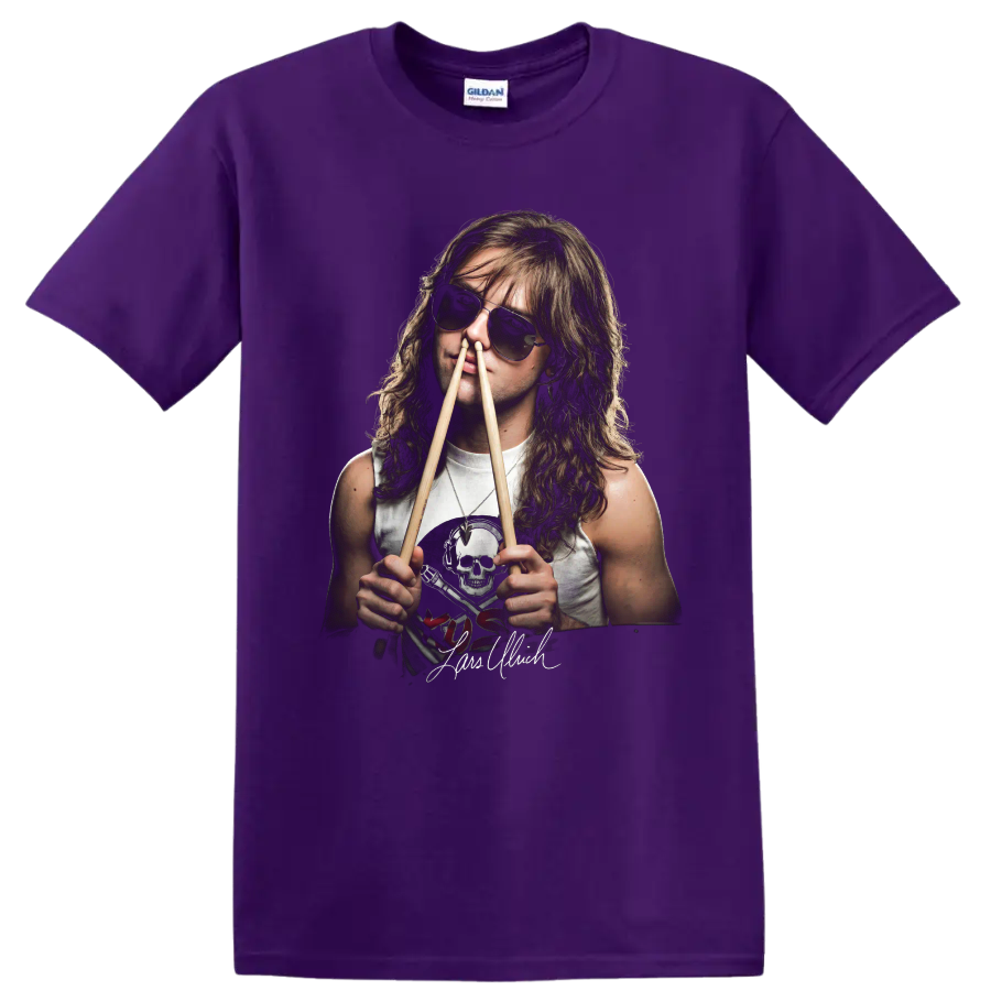 Lars Ulrich heavy metal drummer portrait with sunglasses and drumsticks on a Purple T Shirt