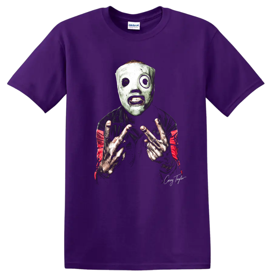Corey Taylor Slipknot green mask heavy metal graphic print on a Purple T Shirt